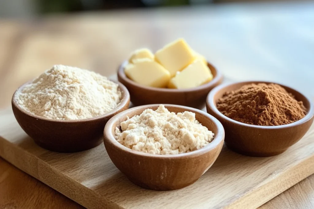 A clear, close-up image of a clean kitchen workspace with four small bowls neatly arranged in the foreground. Each bowl contains a key ingredient for a keto cheesecake crust: almond flour, melted butter, keto-friendly sweetener, and cinnamon. The textures are sharp and detailed, with natural lighting highlighting the scene on a wooden countertop.