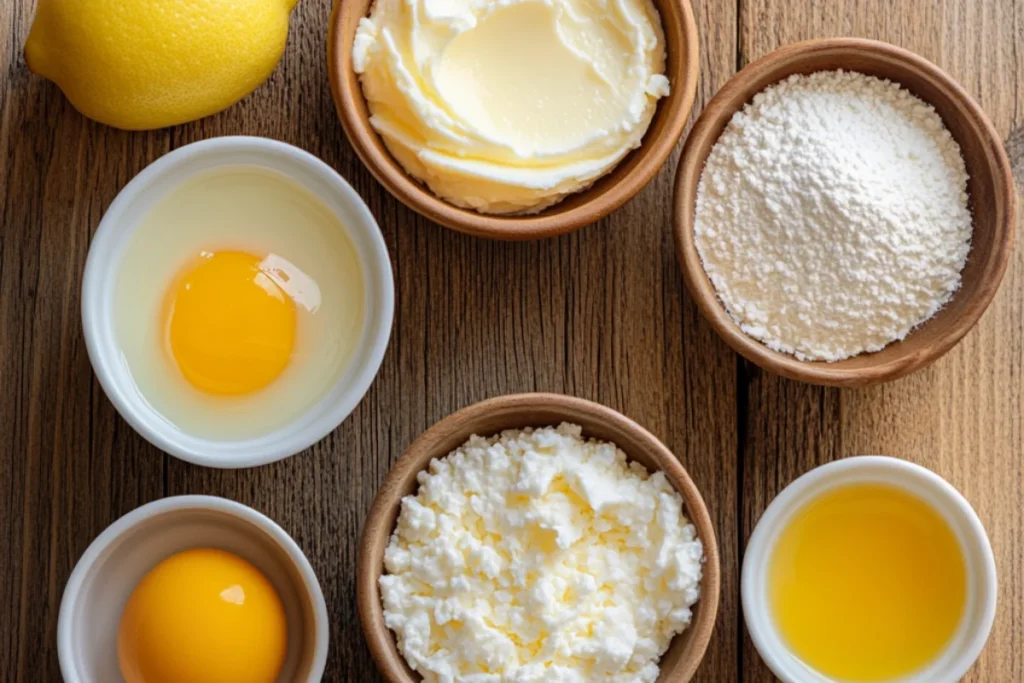 A top-down view of five small bowls, each containing a key ingredient for a keto cheesecake filling: smooth cream cheese, three whole eggs, fine granules of Allulose, dark amber vanilla extract, and pale yellow lemon juice. The bowls are neatly arranged on a clean wooden countertop with natural lighting.