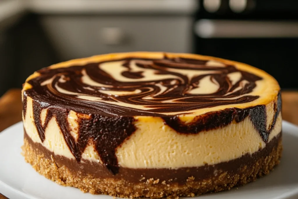 A close-up of a homemade Chocolate Swirl Keto Cheesecake with a creamy vanilla base and rich dark chocolate swirls. It sits on a golden-brown almond flour crust, topped with a glossy chocolate drizzle. The cheesecake is presented on a white plate, placed on a wooden countertop with warm natural lighting in a cozy kitchen.