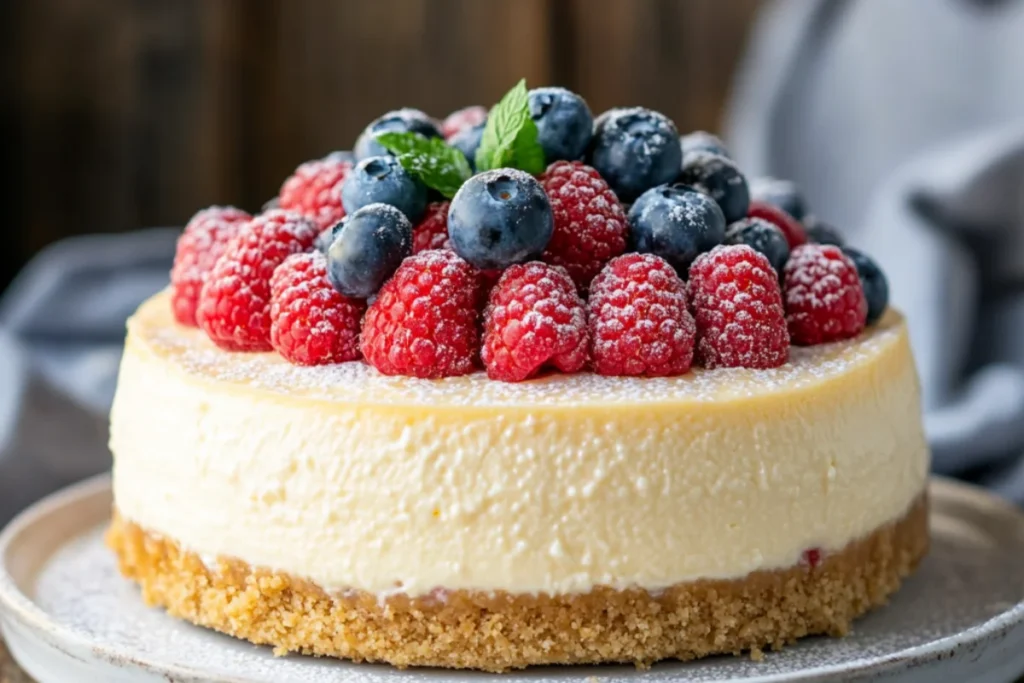 A close-up of a homemade Berry Keto Cheesecake with a creamy filling and a golden-brown almond flour crust. The cheesecake is topped with fresh blueberries, raspberries, and sliced strawberries, with a light dusting of powdered keto sweetener. It sits on a white plate on a wooden countertop, with warm natural lighting highlighting the textures and colors.