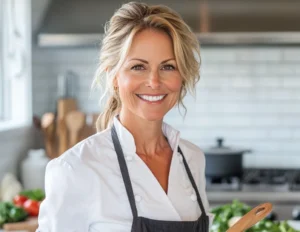 A 45-year-old American woman with blonde hair in a loose updo, wearing a white chef's jacket and a stylish apron. She stands confidently in a bright, modern kitchen, smiling warmly. She holds a wooden spoon in one hand and a pot or pan in the other, appearing engaged in cooking. The background includes fresh herbs, vegetables, and spices neatly arranged on the countertop. The setting is well-lit and inviting, reflecting her culinary passion and expertise.