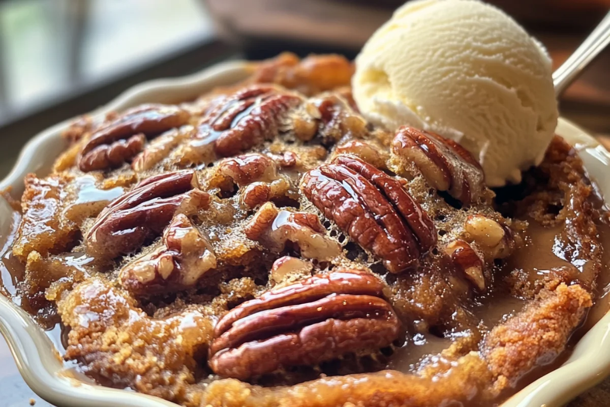 Close-up of a pecan dump cake with a golden, buttery crust and crunchy caramelized pecans on top, served warm in a rustic ceramic dish with a scoop of melting vanilla ice cream on the side.