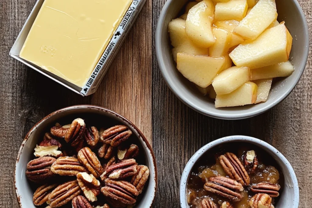 Ingredients for pecan dump cake displayed on a rustic wooden countertop: a box of yellow cake mix, a can of apple pie filling with glossy apple slices, a stick of butter, and a small bowl of chopped pecans