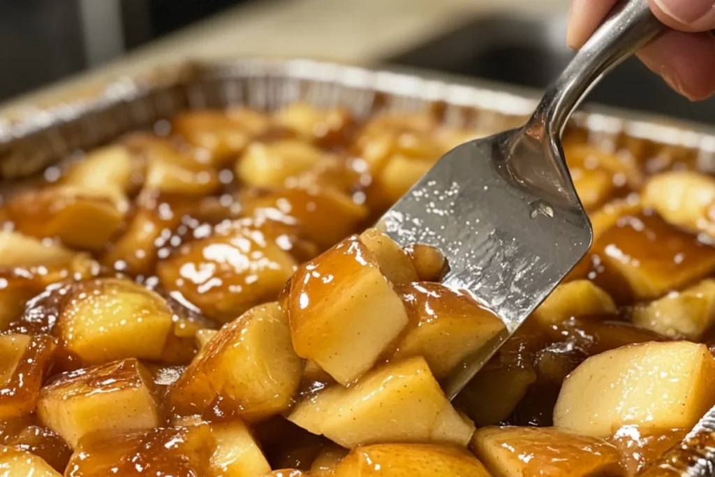 "Close-up of a baking dish with glossy apple pie filling being spread evenly with a spatula, showing caramelized apple slices, with a hand smoothing the surface on a cozy kitchen countertop.