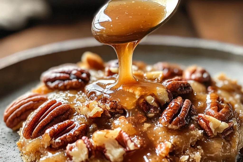 Close-up of a warm pecan dump cake with a golden, buttery crust, drizzled with rich caramel sauce cascading over crunchy caramelized pecans, served on a rustic ceramic plate.