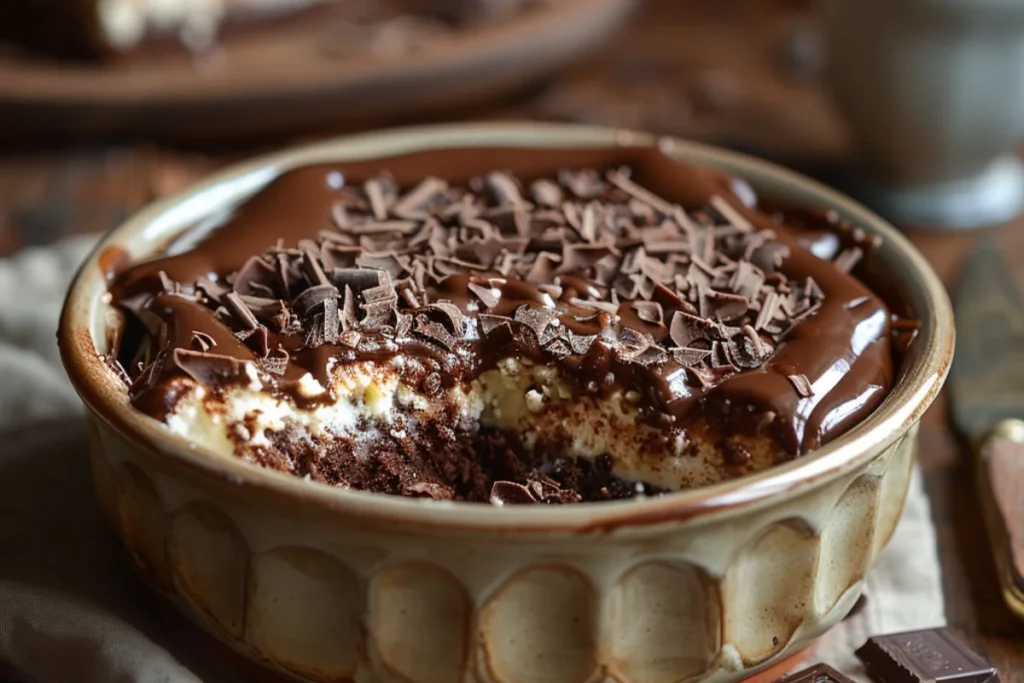 Chocolate lover’s cheesecake dump cake in a vintage dish with a rich, fudgy topping, creamy cheesecake swirls, and gooey chocolate layers, with a scoop removed showing the moist texture.