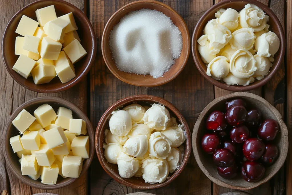 Top-down view of ingredients for cherry cheesecake dump cake, arranged in separate rustic bowls: yellow cake mix, blocks of cream cheese, cherry pie filling, melted butter, and granulated sugar on a wooden surface.