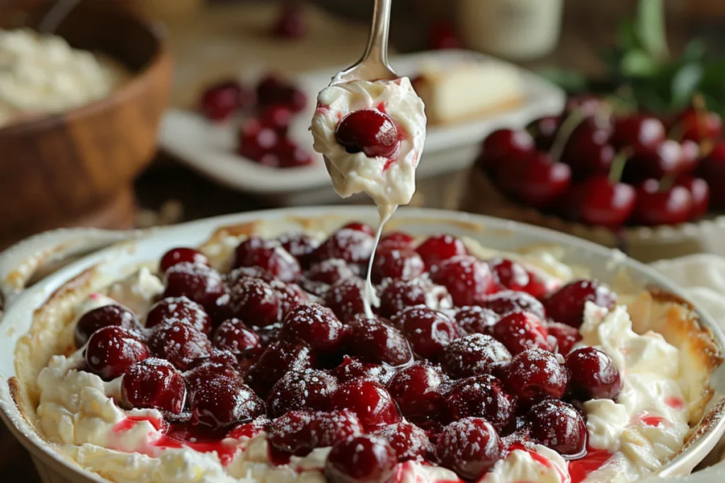 A spoon drops creamy cheesecake mixture over glossy cherry pie filling in a baking dish. The mixture is smooth and velvety, with a rustic bowl of cheesecake batter nearby.