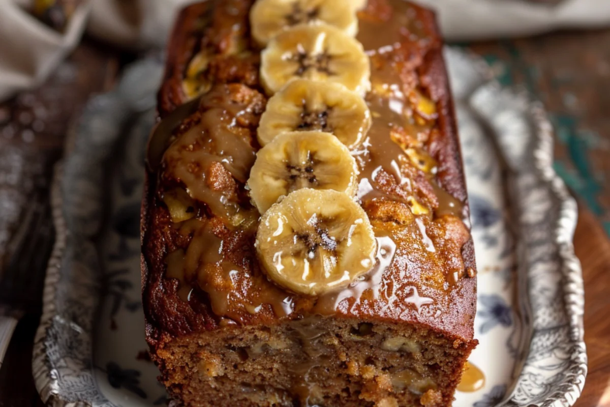 Moist Bananas Foster Banana Bread served on a vintage ceramic plate, topped with caramelized bananas and rich glaze, with a rustic wooden background.