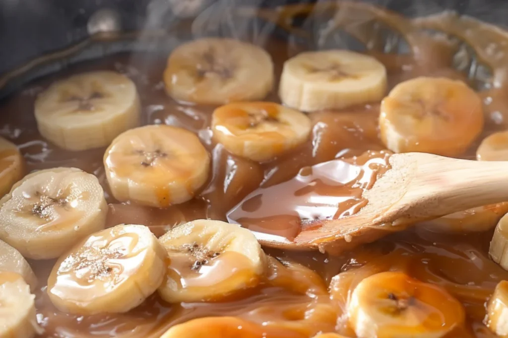 Sliced bananas caramelizing in a skillet with melted butter and brown sugar, stirred with a wooden spoon, creating a glossy golden sauce.