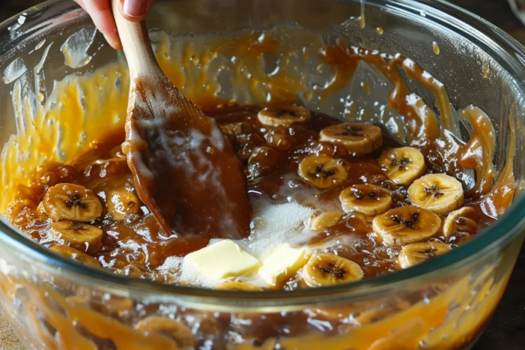 Large glass bowl with mashed bananas, caramelized bananas, melted butter, sugar, eggs, and vanilla extract being mixed with a wooden spoon for banana bread batter.