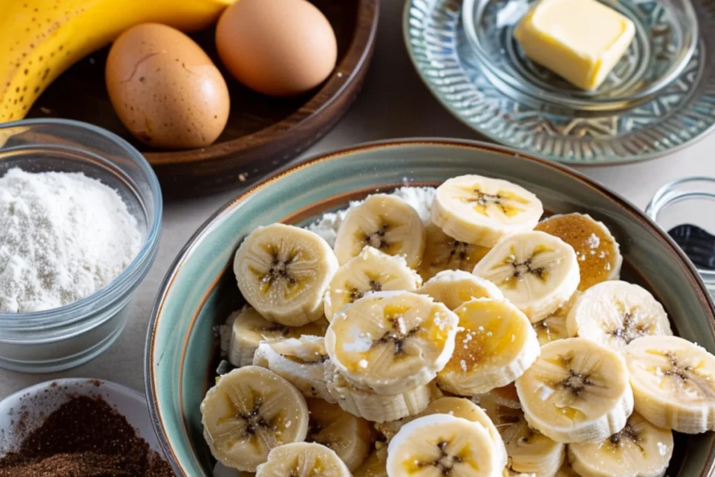  Bananas Foster Banana Bread ingredients in separate bowls: ripe bananas, all-purpose flour, sugar, eggs, butter, vanilla extract, and cinnamon, arranged neatly on a clean workspace.