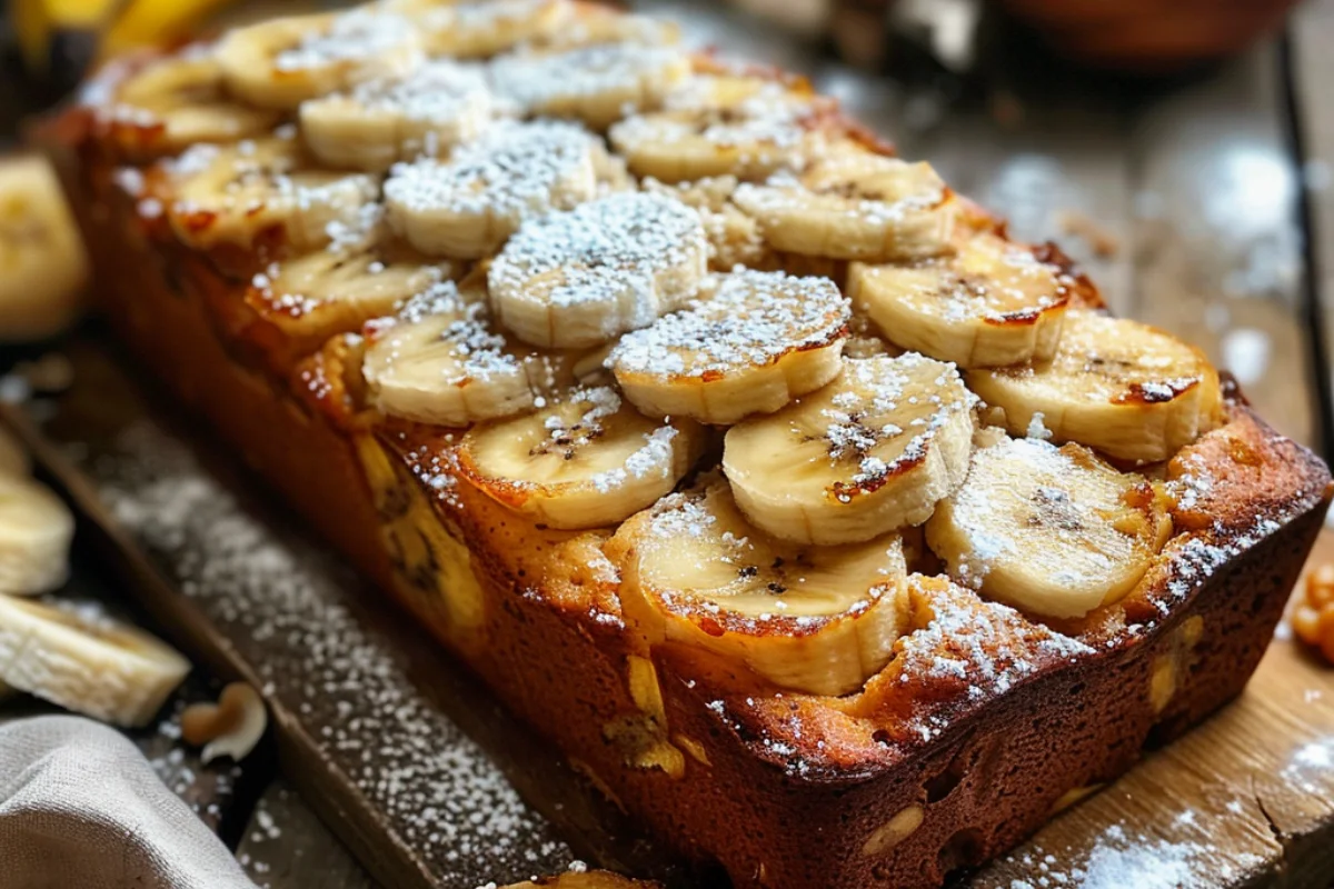 Close-up of cottage cheese banana bread on a ceramic dish, golden-brown crust with a moist interior, topped with banana slices and powdered sugar, surrounded by baking ingredients on a rustic wooden table.