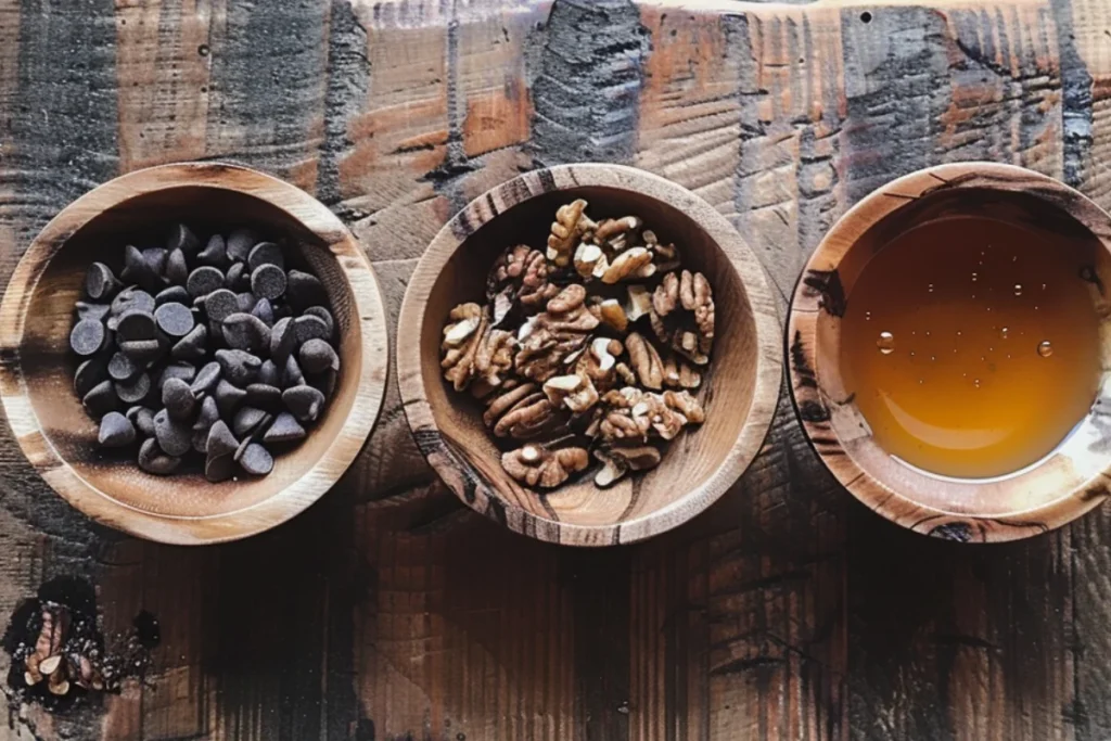 Eight small bowls on a rustic wooden table, each filled with separate ingredients: overripe bananas, cottage cheese, all-purpose flour, sugar, eggs, butter, baking soda, vanilla extract, and cinnamon.