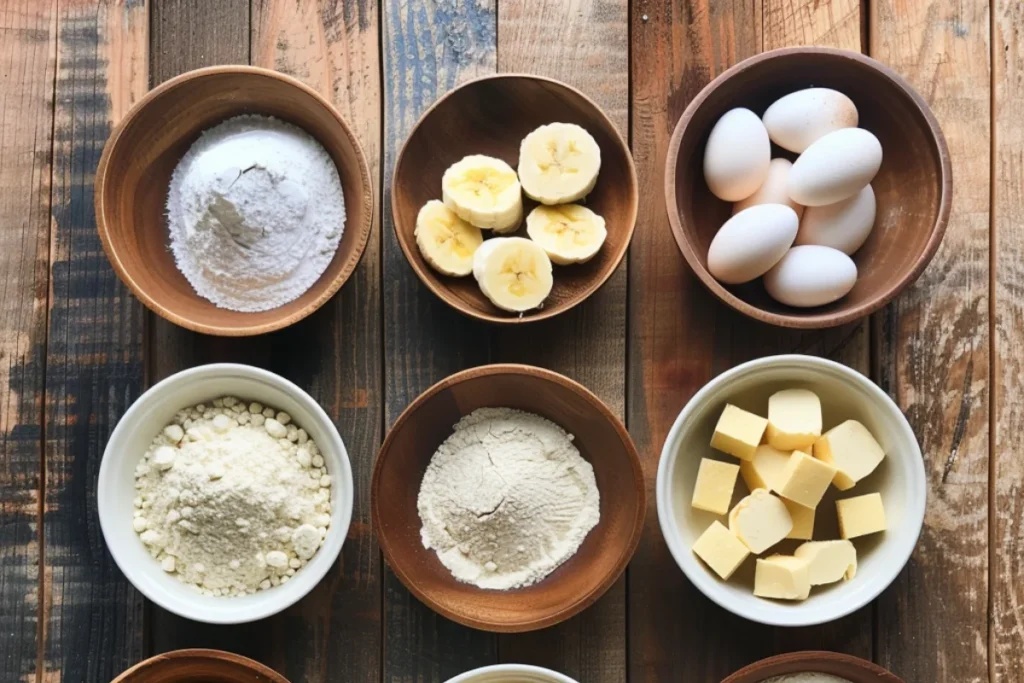 Eight small bowls on a rustic wooden table, each filled with separate ingredients: overripe bananas, cottage cheese, all-purpose flour, sugar, eggs, butter, baking soda, vanilla extract, and cinnamon.