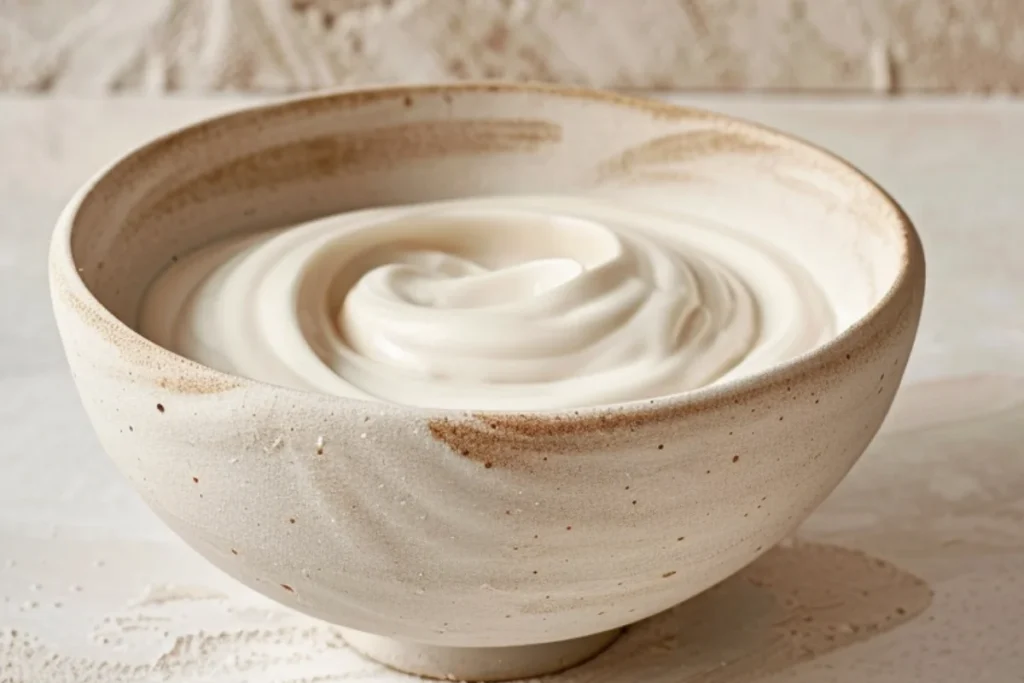 Close-up of a ceramic bowl filled with smooth, blended cottage cheese with soft swirls on the surface, placed on a light, textured background with a subtle speckled pattern.