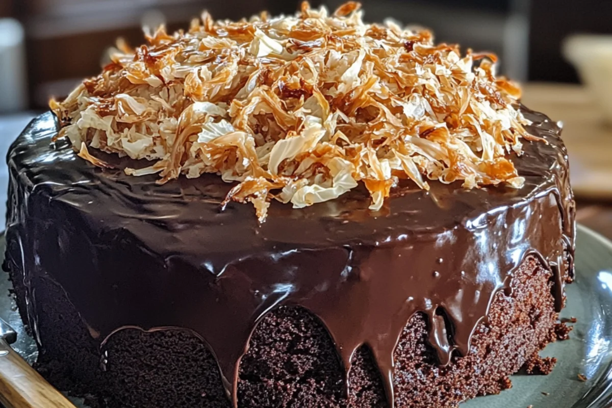 Whole homemade Chocolate Sauerkraut Cake with glossy ganache, showing moist texture and subtle sauerkraut threads, in a cozy kitchen with natural lighting