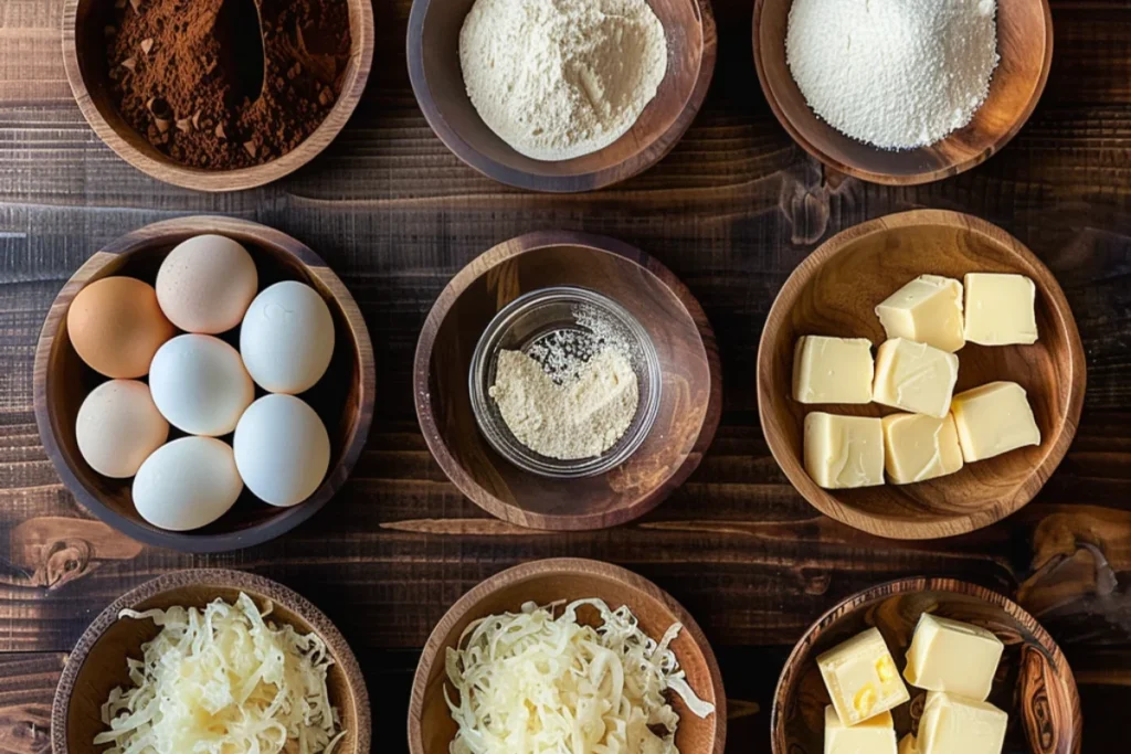 Chocolate Sauerkraut Cake ingredients arranged in individual wooden bowls on a rustic kitchen countertop, including cocoa powder, flour, sugar, chopped sauerkraut, buttermilk, butter cubes, vanilla extract, and baking powder with baking soda, captured in warm natural lighting.