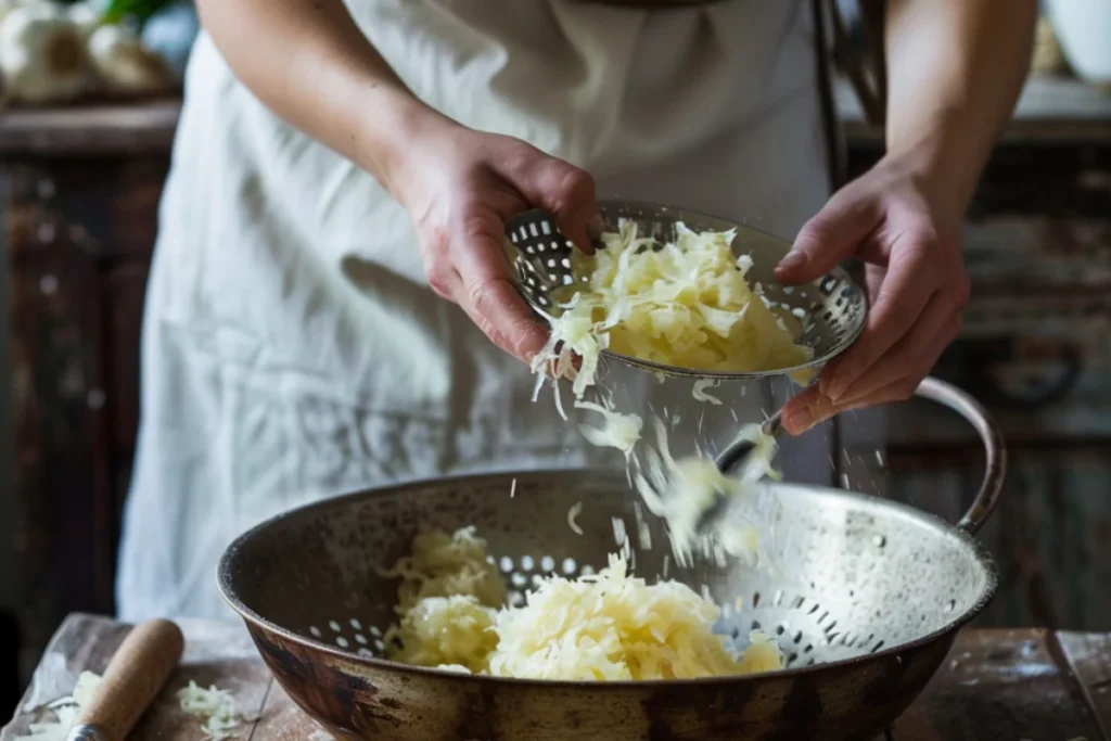 Sauerkraut being rinsed in a colander, squeezed dry with a paper towel, and finely chopped on a wooden cutting board for Chocolate Sauerkraut Cake.