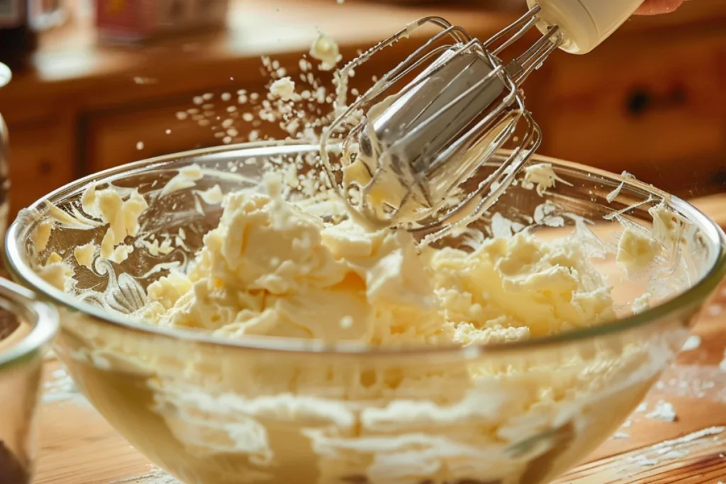 Butter and sugar being creamed together with a hand mixer in a glass bowl on a wooden countertop for Chocolate Sauerkraut Cake.