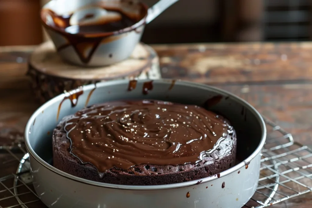 Chocolate Sauerkraut Cake cooling on a wire rack, with chocolate ganache being spread on top using a spatula in a cozy kitchen.