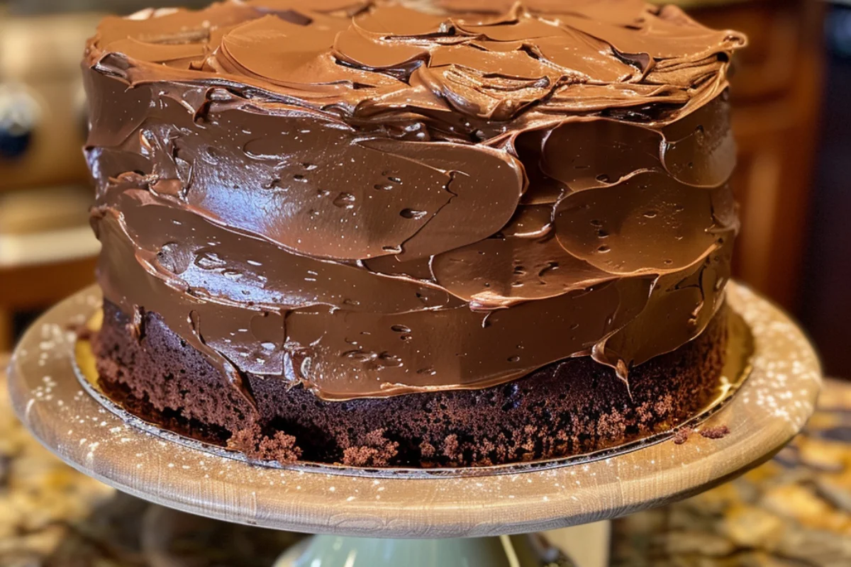 A whole chocolate mayonnaise cake with a smooth, glossy chocolate frosting, evenly finished with clean edges. The cake sits on a rustic cake stand, lightly dusted with cocoa powder, in a cozy kitchen setting with natural lighting, giving a warm, homemade feel.