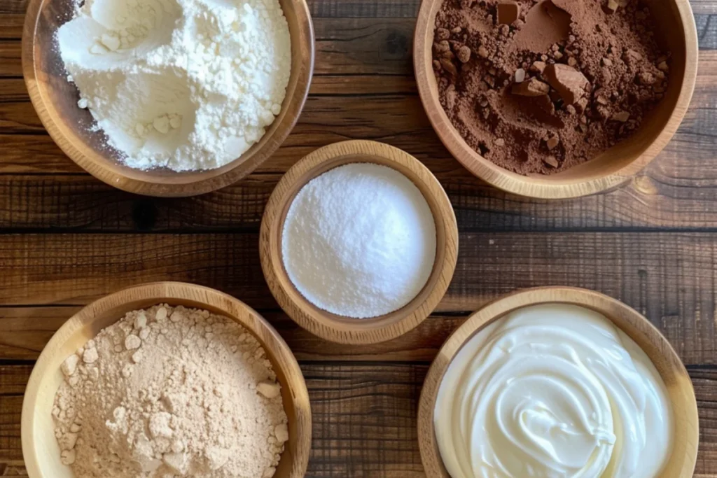 Close-up shot of six ingredients for a chocolate mayonnaise cake, each in small wooden bowls on a clean wooden countertop. Ingredients include flour, cocoa powder, sugar, mayonnaise, hot water or coffee, and baking soda. Natural lighting highlights each ingredient with a simple, organized layout, giving a raw, homemade baking feel.