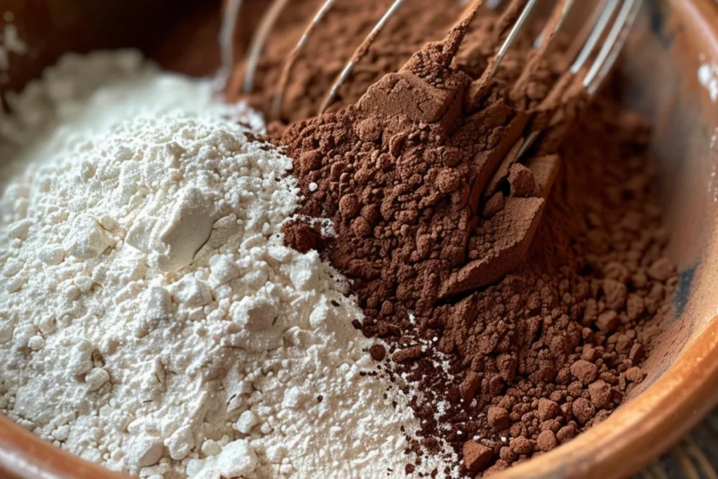 Close-up shot of a large mixing bowl with flour, cocoa powder, sugar, baking soda, and salt being whisked together. Hand whisk in motion, blending dry ingredients on a rustic wooden countertop with natural lighting, showing the textures and simplicity of homemade baking.