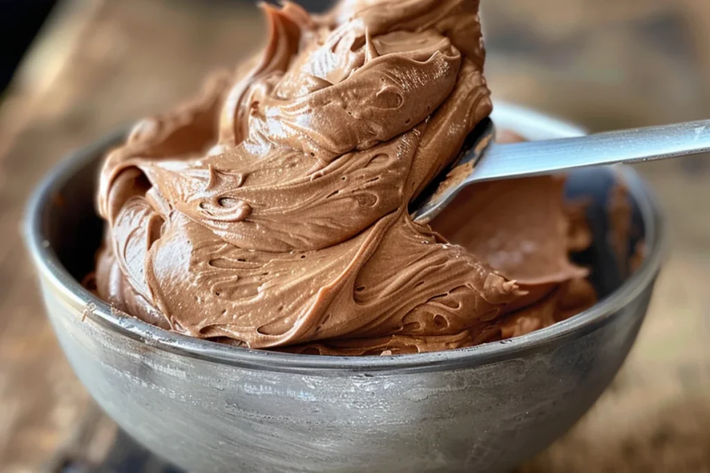 Close-up shot of a bowl of classic chocolate buttercream frosting with a spatula swirling through its smooth, fluffy texture. The rich chocolate color and soft peaks are highlighted under natural lighting on a rustic wooden countertop, emphasizing the homemade baking feel.