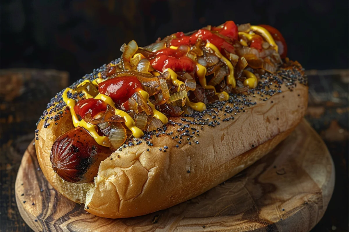 A classic hot dog in a poppy seed bun, topped with mustard, ketchup, relish, and caramelized onions. The grilled sausage has a rich, smoky color, and the condiments glisten under natural lighting. The hot dog sits on a rustic wooden board, with another hot dog slightly visible in the background, creating a cozy, homemade feel.