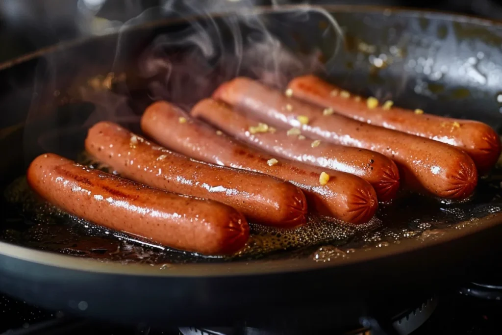 Hot dogs sizzling in a buttered skillet over medium heat, turning golden brown with a slight crisp on the edges. Steam rises as they cook, with a cozy kitchen setting in the background.