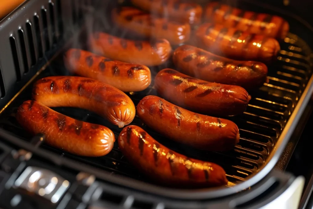 Hot dogs sizzling inside an air fryer basket, turning golden brown with a slight crisp. The air fryer’s interior glows, and the kitchen counter is visible in the background.