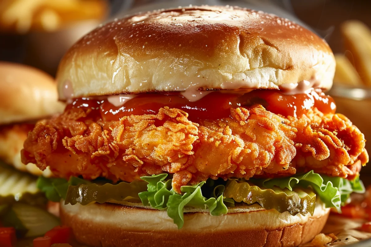 A close-up of a crispy chicken sandwich with a golden-brown, crunchy fried chicken fillet inside a soft, toasted brioche bun. The sandwich is layered with fresh lettuce, thinly sliced pickles, and a drizzle of creamy sauce. The crispy edges of the chicken glisten under warm, natural lighting. In the background, a rustic wooden table holds a side of golden fries and a small dish of dipping sauce, slightly blurred to keep the focus on the mouthwatering sandwich.