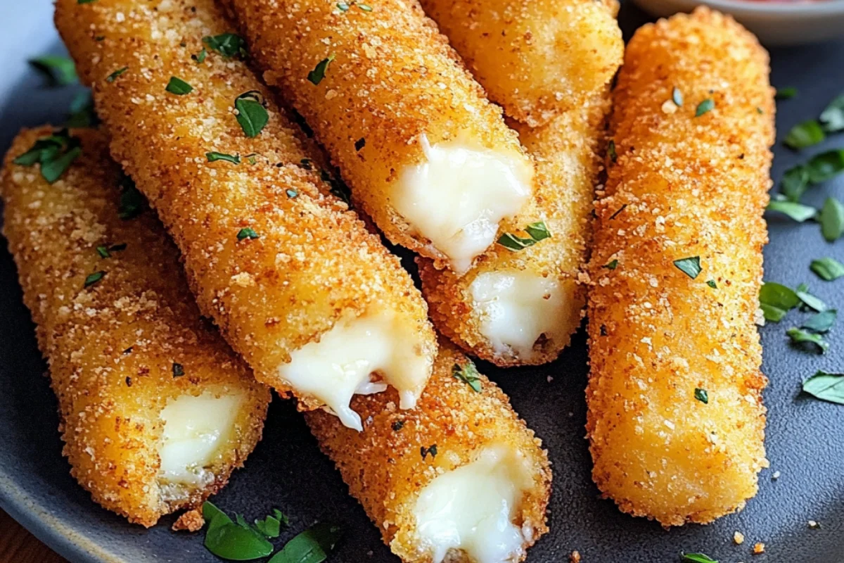 Crispy, golden-brown mozzarella sticks with a crunchy breadcrumb coating, revealing gooey, melted cheese inside. Served hot with a side of marinara sauce for dipping.