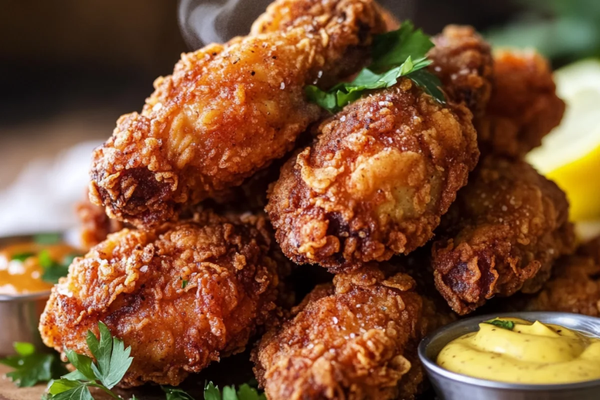 Golden, crispy fried chicken pieces with a crunchy coating, served on a wire rack with a side of dipping sauce