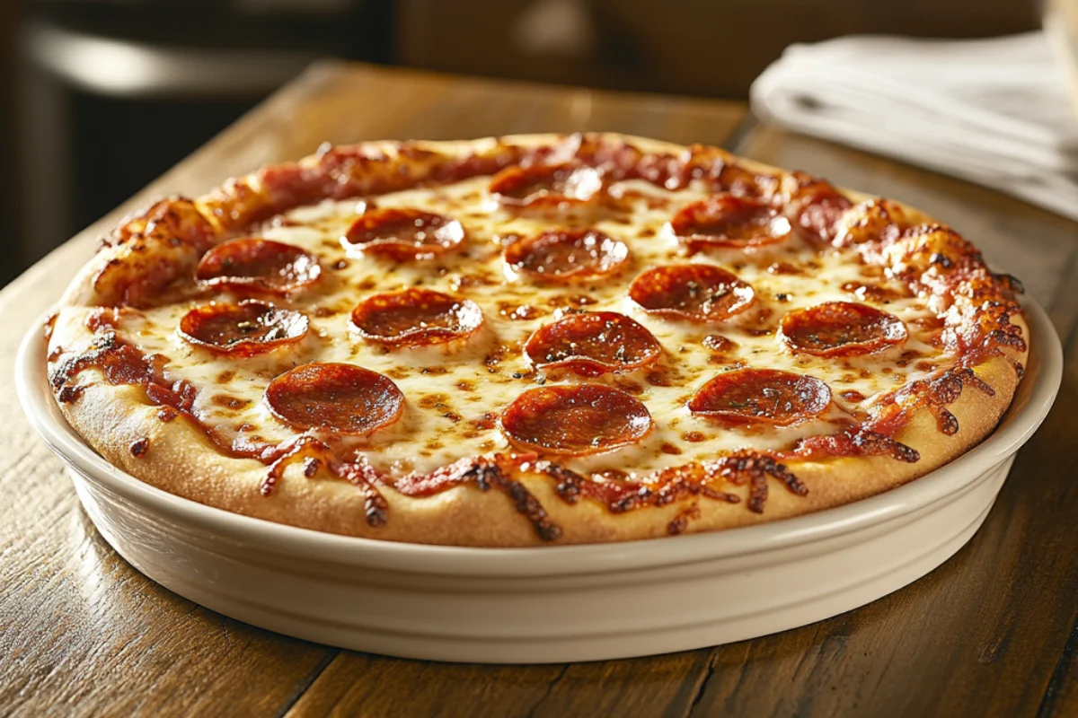 A freshly baked pepperoni pizza on a round ceramic dish, with a golden crust, melted mozzarella cheese, and crispy pepperoni slices. The pizza sits on a wooden dining table with a cozy kitchen setting in the background.