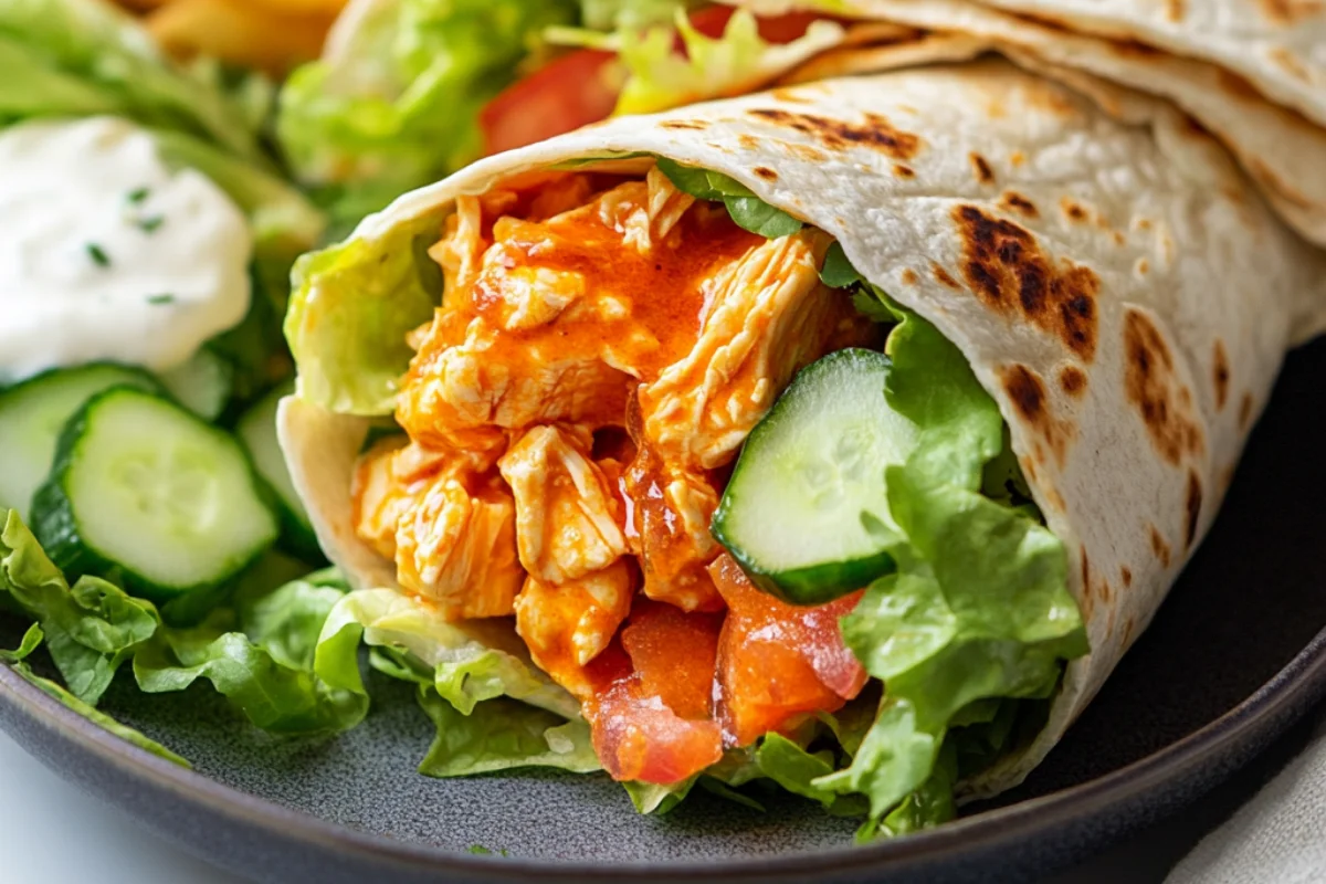 A flavorful Zesty Buffalo Chicken Wrap filled with spicy buffalo chicken, crisp lettuce, creamy ranch, and wrapped in a soft tortilla for the perfect bite!