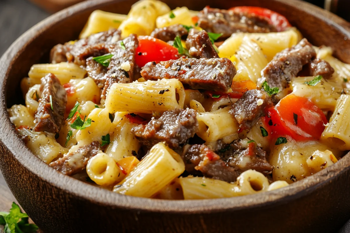 A creamy and cheesy Philly Cheesesteak Pasta dish with tender beef, sautéed peppers, onions, and melted cheese, served in a bowl for the perfect comfort meal.