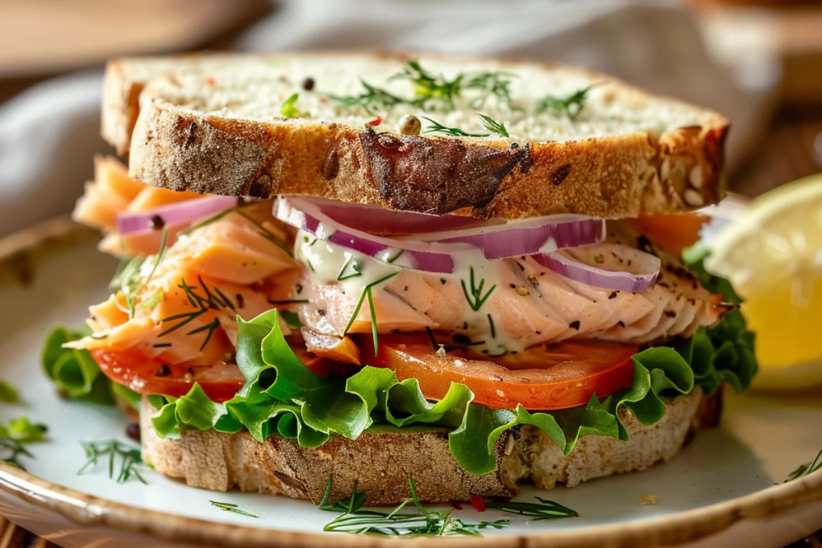 A close-up, homemade smoked fish sandwich on lightly toasted pain de mie bread, filled with flaky smoked fish, crisp lettuce, thinly sliced red onions, and ripe tomatoes. A drizzle of creamy dill sauce adds a tangy contrast. Captured in a cozy kitchen with natural lighting, the sandwich sits on a rustic wooden plate with a linen napkin and a lemon wedge in the background. The image showcases the rich textures and fresh ingredients, making it look like an authentic, amateur food photo shared by a home cook on Reddit.