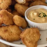 A white dish filled with crispy, golden Gluten-Free Chicken Nuggets, with a side of creamy dipping sauce. Some nuggets are broken open to reveal the juicy interior. The natural lighting enhances the crunchy coating, with a softly blurred background for a cozy, homemade feel.