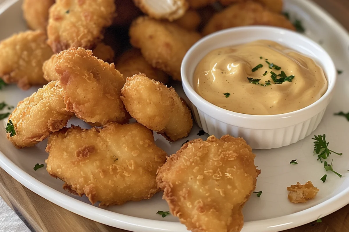 A white dish filled with crispy, golden Gluten-Free Chicken Nuggets, with a side of creamy dipping sauce. Some nuggets are broken open to reveal the juicy interior. The natural lighting enhances the crunchy coating, with a softly blurred background for a cozy, homemade feel.