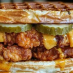 Homemade Chicken and Waffle Sandwich with crispy fried chicken, buttery waffles, and sweet maple syrup – the perfect sweet and savory comfort food