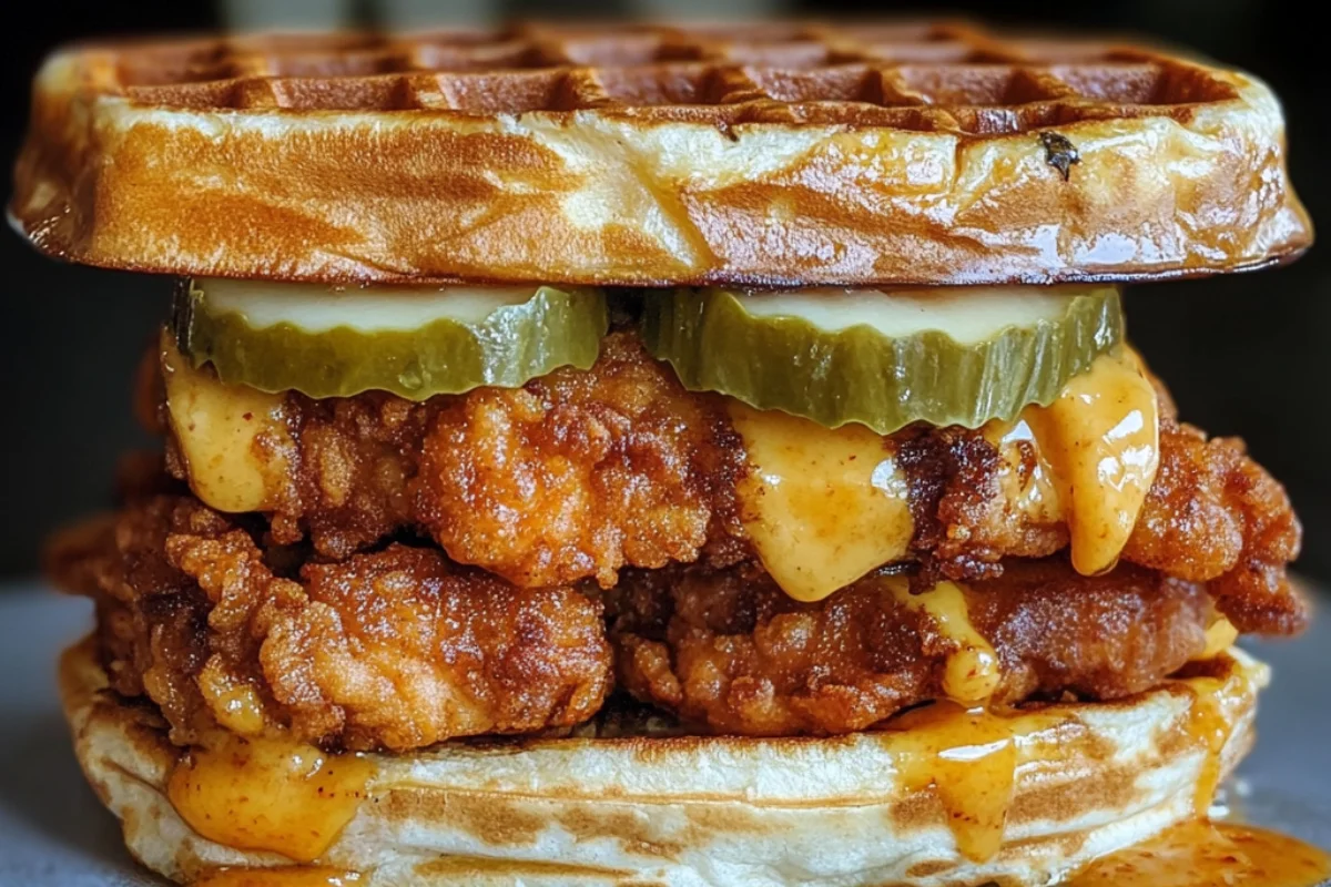 Homemade Chicken and Waffle Sandwich with crispy fried chicken, buttery waffles, and sweet maple syrup – the perfect sweet and savory comfort food