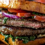 A juicy Ribeye Steak Sandwich with thinly sliced ribeye, melted cheese, caramelized onions, and fresh arugula on a toasted brioche bun, served on a wooden board.