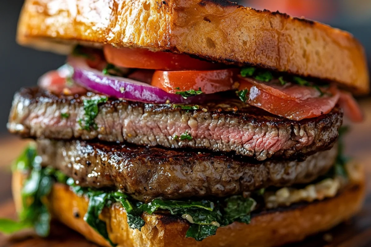 A juicy Ribeye Steak Sandwich with thinly sliced ribeye, melted cheese, caramelized onions, and fresh arugula on a toasted brioche bun, served on a wooden board.