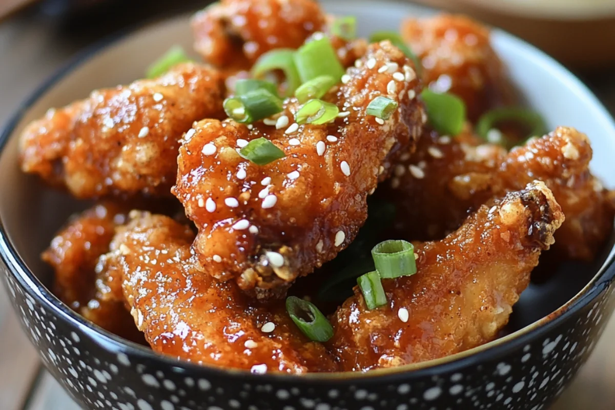 Crispy, golden-brown air fryer chicken wings coated in flavorful seasoning, served on a plate with a side of dipping sauce.