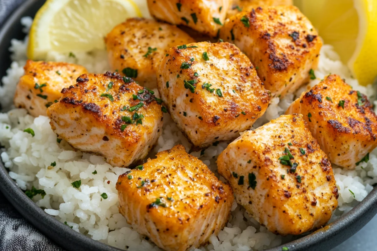 Close-up of crispy, golden-brown Air Fryer Salmon Bites served on a plate. The tender, flaky salmon is coated in a flavorful seasoning and crunchy