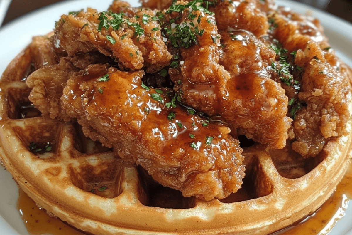 Chicken and Waffles Sandwich – A crispy, golden fried chicken fillet stacked between two fluffy, buttery waffles, drizzled with syrup for the perfect balance of sweet and savory.