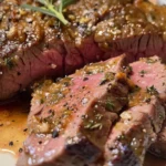 moist meat in your air fryer : A perfectly cooked, juicy steak resting on a white plate after being air-fried. The meat has a golden-brown crust with a tender, pink center, glistening with its natural juices. Fresh rosemary and a small dish of melted butter sit beside it, enhancing the flavor.