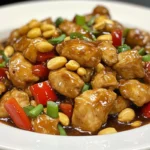 Spicy Kung Pao Chicken stir-fry with crispy chicken, dried chilies, Sichuan peppercorns, and peanuts in a glossy, savory sauce.